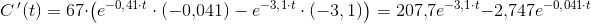 C{\, }'(t)=67\cdot \left ( e^{-0{,}41\cdot t}\cdot (-0{,}041)-e^{-3{,}1\cdot t}\cdot (-3{,1}) \right )=207{,}7e^{-3{,1}\cdot t}-2{,}747e^{-0{,}041\cdot t}