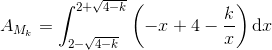 A_{M_k}=\int_{2-\sqrt{4-k}}^{2+\sqrt{4-k}}\left(-x+4-\frac{k}{x}\right)\textup{d}x
