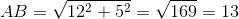 AB=\sqrt{12^{^{2}}+5^{2}}=\sqrt{169}=13