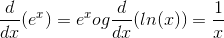 \frac{d}{dx}(e^{x})=e^{x} og \frac{d}{dx}(ln(x))=\frac{1}{x}