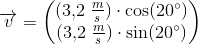 \overrightarrow{v}=\begin{pmatrix} (3{,}2\; \frac{m}{s})\cdot \cos(20^{\circ})\\ (3{,}2\; \frac{m}{s})\cdot \sin(20^{\circ}) \end{pmatrix}