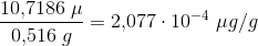 \frac{10{,}7186\; \mu }{0{,}516\; g}=2{,}077\cdot 10^{-4}\; \mu g/g