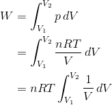 \begin{align*} W &= \int_{V_1}^{V_2}p\,dV \\ &= \int_{V_1}^{V_2}\frac{nRT}{V}\,dV \\ &= nRT\int_{V_1}^{V_2}\frac{1}{V}\,dV \end{align*}