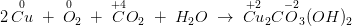 2\, \overset{0}{Cu}\; +\; \overset{0}{O}_2\; +\; \overset{+4}{C}O_2\; +\; H_2O\; \rightarrow \; \overset{+2}{Cu}_2C\overset{-2}{O}_3(OH)_2