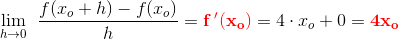 \underset{h \to 0}{\lim} \; \; \frac{f(x_o+h)-f(x_o)}{h}=\mathbf{\color{Red} f{{\, }'}(x_o)}=4\cdot x_o+0=\mathbf{\color{Red} 4x_o}