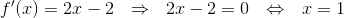 f' (x)=2x-2 ~~\Rightarrow~~ 2x-2=0 ~~\Leftrightarrow ~~ x=1