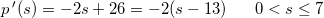 \small \small p{\, }'(s)=-2s+26=-2(s-13) \; \; \; \; \; \; 0< s\leq 7