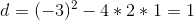 d=(-3)^2-4*2*1=1