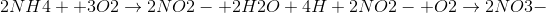 2NH4+ + 3O2 \rightarrow 2NO2- + 2H2O + 4H+ 2NO2- + O2 \rightarrow 2NO3-