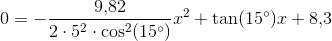 0=-\frac{9{,}82}{2\cdot {5}^2\cdot \cos^2(15^\circ )}x^2+\tan(15^\circ )x+8{,}3