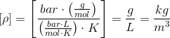 \left [\rho \right ] =\left [\frac{bar\cdot \left (\frac{g}{mol} \right )}{\left (\tfrac{bar\cdot L}{mol\cdot K} \right )\cdot K} \right ]=\frac{g}{L}=\frac{kg}{m^3}