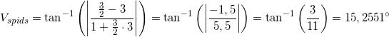 \small V_{spids}=\tan^{-1}\left ( \left | \frac{\frac{3}{2}-3}{1+\frac{3}{2}\cdot 3} \right | \right )=\tan^{-1}\left (\left | \frac{-1,5}{5,5} \right |\right)=\tan^{-1}\left (\frac{3}{11}\right)=15,2551^{\circ}