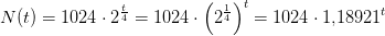 N(t)=1024\cdot 2^{\frac{t}{4}}=1024\cdot \left (2 ^{\frac{1}{4}} \right )^t=1024\cdot 1{,}18921^t