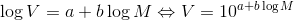 \log V=a+b\log M\Leftrightarrow V=10^{a+b\log M}