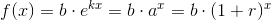 f(x)=b\cdot e^{kx}=b\cdot a^{x}=b\cdot (1+r)^{x}