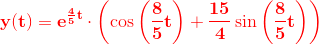 \mathbf{\color{Red} y(t)=e^{\frac{4}{5}t}\cdot \left ( \cos\left ( \frac{8}{5}t \right ) +\frac{15}{4}\sin\left ( \frac{8}{5}t \right ) \right )}