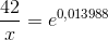 \frac{42}{x}=e^{0{,}013988}