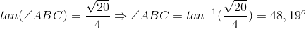 tan(\angle ABC)=\frac{\sqrt{20}}{4} \Rightarrow \angle ABC=tan^{-1}(\frac{\sqrt{20}}{4})=48,19^o