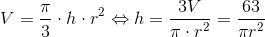 V=\frac{\pi }{3}\cdot h\cdot r^2\Leftrightarrow h=\frac{3V}{\pi \cdot r^2}=\frac{63}{\pi r^2}