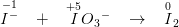 \overset{-1}{I^{-}} \; \; \; +\; \; \; \overset{+5}{I}O{_{3}}^{-}\; \; \; \rightarrow \; \; \; \overset{0}{I}_2