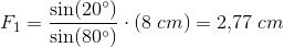 F_1=\frac{\sin(20^\circ)}{\sin(80^\circ)}\cdot (8\; cm)=2{,}77\; cm