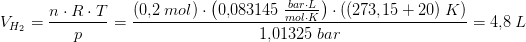 V_{H_2}=\frac{n\cdot R\cdot T}{p}=\frac{(0{,}2\; mol)\cdot \left ( 0{,}083145\; \tfrac{bar\cdot L}{mol\cdot K} \right )\cdot ((273{,}15+20)\; K)}{1{,}01325\; bar}=4{,}8\; L