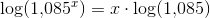 \log(1{,}085^x) = x\cdot \log(1{,}085)
