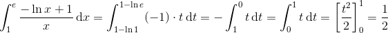 \int_{1}^{e}\frac{-\ln x+1}{x}\, \textup{d}x=\int_{1-\ln 1}^{1-\ln e}(-1)\cdot t\, \textup{d}t=-\int_{1}^{0}t\, \textup{d}t=\int_{0}^{1}t\, \textup{d}t=\left [ \frac{t^{2}}{2} \right ]_{0}^{1}=\frac{1}{2}