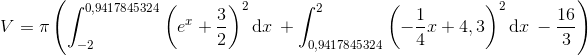 V=\pi \left ( \int_{-2}^{0,9417845324}\left ( e^{x}+\frac{3}{2} \right )^{2}\textup{d}x\: +\int_{0,9417845324}^{2}\left ( -\frac{1}{4}x+4,3 \right )^{2}\textup{d}x\: -\frac{16}{3} \right )