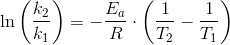 \ln\left ( \frac{k_2}{k_1} \right )=-\frac{E_a}{R}\cdot \left ( \frac{1}{T_2}-\frac{1}{T_1} \right )