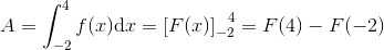 A=\int_{-2}^{4}f(x)\textup{d}x=\left [ F(x) \right ]_{-2}^{\, \, \, \, \, 4}=F(4)-F(-2)