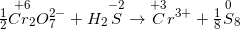 \frac{1}{2}\overset{+6}{Cr_{2}}O_{7}^{2-}+H_{2}\overset{-2}{S} \rightarrow \overset{+3}{C}r^{3+}+\frac{1}{8}\overset{0}{S}_{8}