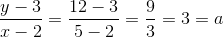 \frac{y-3}{x-2}=\frac{12-3}{5-2}=\frac{9}{3}=3=a
