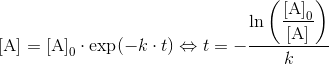 \mathrm{[A]}=\mathrm{[A]}_{0}\cdot\exp(-k\cdot t)\Leftrightarrow t=-\dfrac{\ln\left(\dfrac{\mathrm{[A]}_{0}}{\mathrm{[A]}}\right)}{k}