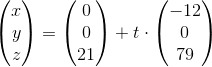 \begin{pmatrix} x\\y \\ z \end{pmatrix}=\begin{pmatrix} 0\\0 \\ 21 \end{pmatrix}+t\cdot \begin{pmatrix} -12\\0 \\ 79 \end{pmatrix}