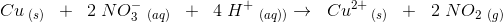Cu\, _{(s)}\; \; +\; \; 2\; N}O{_{3}^{-}\; _{(aq)}\; \;+\; \; 4\; H^{+}\; _{(aq))} \rightarrow \; \; Cu^{2+}\, _{(s)}\; \; +\; \; 2\; {N}O{_{2}\; _{(g)}