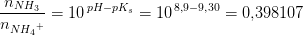 \frac{n_{NH_3}}{n_{N{H_4}^+}}=10^{\, pH-pK_s}=10^{\, 8{,}9-9{,}30}=0{,}398107