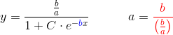 y=\frac{\frac{b}{a}}{1+C\cdot e^{-{\color{Blue} b}x}}\; \; \; \; \; \;\; \; \; \; \; a={\color{Red} \frac{b}{\left (\frac{b}{a} \right )}}