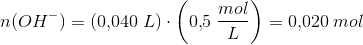 n(OH^-)=(0{,}040\; L)\cdot \left ( 0{,}5\; \frac{mol}{L} \right )=0{,}020\; mol