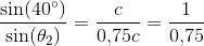 \frac{\sin(40^{\circ})}{\sin(\theta _2)}=\frac{c}{0{,}75c}=\frac{1}{0{,}75}