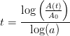 t=\frac{{\log\left ( \frac{A(t)}{A_0} \right )}}{\log(a)}