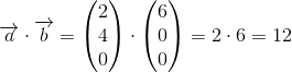 \overrightarrow{a}\cdot \overrightarrow{b} =\begin{pmatrix} 2\\4 \\ 0 \end{pmatrix}\cdot \begin{pmatrix} 6\\0 \\ 0 \end{pmatrix}=2\cdot 6=12