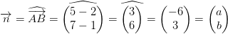 \overrightarrow{n}=\widehat{\overrightarrow{AB}}=\widehat{\begin{pmatrix} 5-2\\7-1 \end{pmatrix}}=\widehat{\begin{pmatrix} 3\\6 \end{pmatrix}}=\begin{pmatrix} -6\\3 \end{pmatrix}=\begin{pmatrix} a\\b \end{pmatrix}