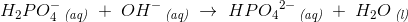 H_2PO_4^-\, _{\textit{(aq)}}\; +\; OH^-\, _{\textit{(aq)}}\; \rightarrow \; HP{O_4}^{2-}\, _{\textit{(aq)}}\; +\; H_2O\, _{\textit{(l)}}