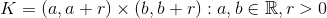 K= {(a,a+r)\times (b,b+r):a,b \in \mathbb{R}, r>0}