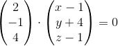 \begin{pmatrix} 2\\-1 \\ 4 \end{pmatrix}\cdot \begin{pmatrix} x-1\\ y+4 \\ z-1 \end{pmatrix}=0