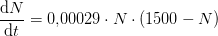 \frac{\mathrm{d} N}{\mathrm{d} t}=0{,}00029\cdot N\cdot (1500-N)