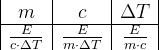 \begin{array} {|c|c|c|} m&c&\Delta T\\ \hline \frac{E}{c\cdot \Delta T}&\frac{E}{m\cdot \Delta T}&\frac{E}{m\cdot c}\\ \end{array}