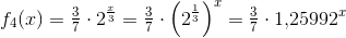 f_4(x)=\tfrac{3}{7}\cdot 2^{\frac{x}{3}}=\tfrac{3}{7}\cdot \left (2 ^{\frac{1}{3}} \right )^x=\tfrac{3}{7}\cdot1{,}25992^x