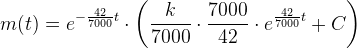 m(t)=e^{-\frac{42}{7000}t}\cdot \left ( \frac{k}{7000} \cdot \frac{7000}{42}\cdot e^{\frac{42}{7000}t}+C\right )